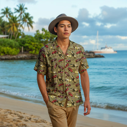 Hawaiian Shirt - "Chanute Era Crash Trucks" - Olive Green 100% Cotton