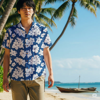 "Classic White Hibiscus" Hawaiian Shirt - 100% Cotton