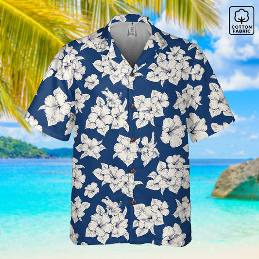 "Classic White Hibiscus" Hawaiian Shirt - 100% Cotton