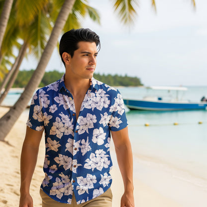 "Classic White Hibiscus" Hawaiian Shirt - 100% Cotton