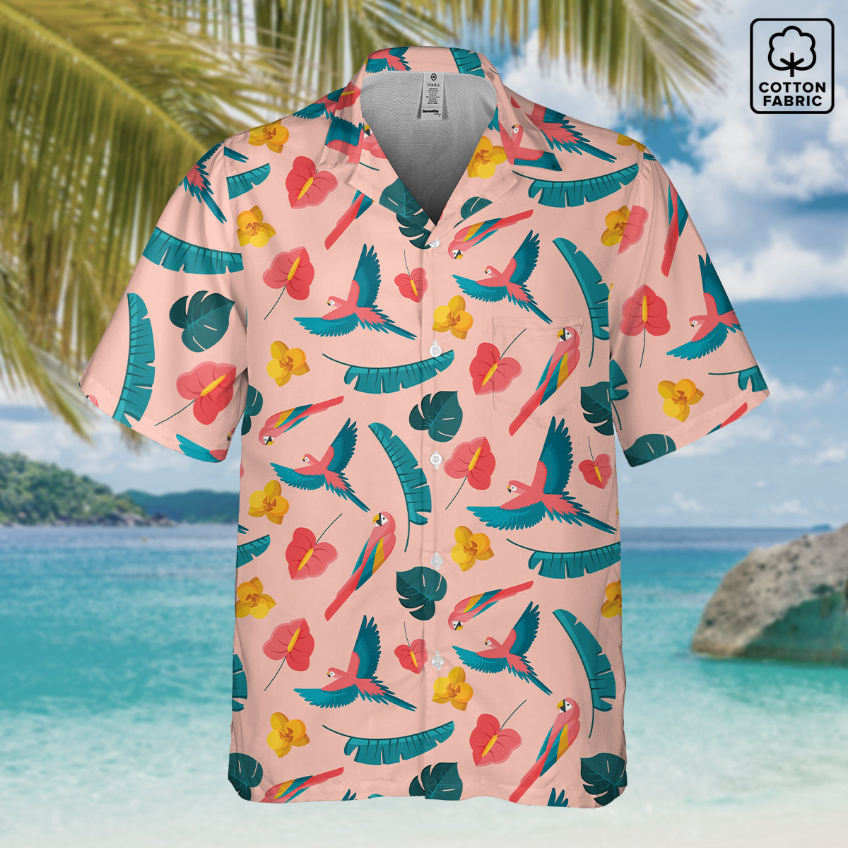 Colorful Plumage Hawaiian shirt in cotton, featuring vibrant parrots, lush green leaves, and tropical flowers