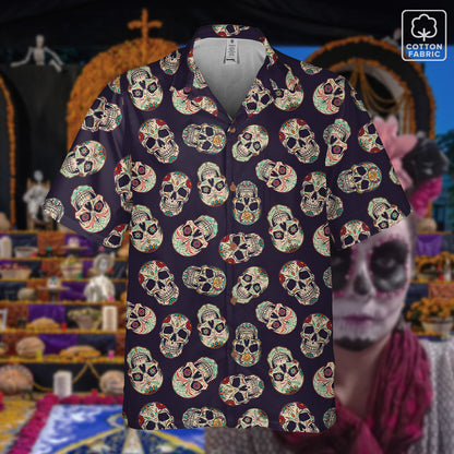 "Dia de Muertos Darkness" Cotton Button-Up Shirt