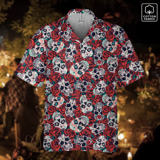 "Dia De Muertos in Roses" Cotton Button-Up Shirt