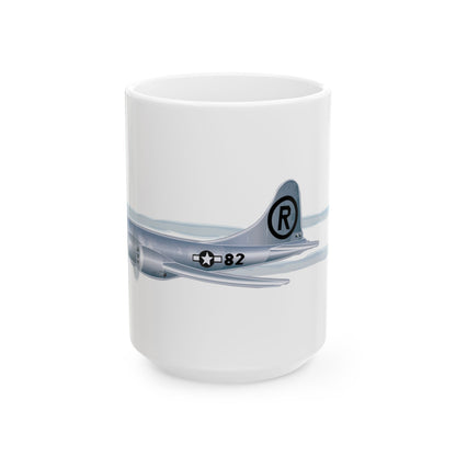 Ceramic mug with Enola Gay aircraft graphic, available in 11oz and 15oz sizes, ideal for collectors of military aviation memorabilia.