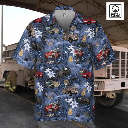 Hawaiian Shirt - "The Goodfellow Era ARFF Trucks" - Blue in Cotton