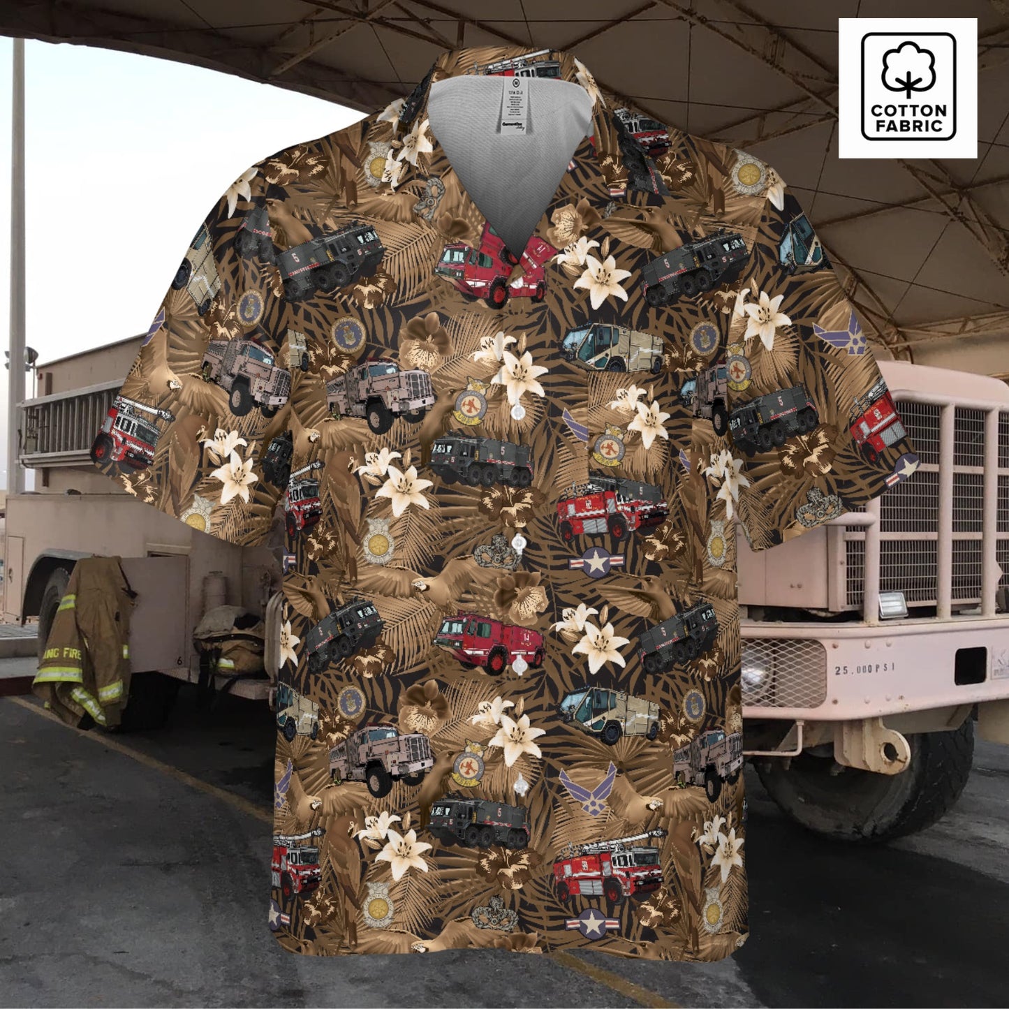 Hawaiian Shirt - "The Goodfellow Era ARFF Trucks" - Bronze in Cotton