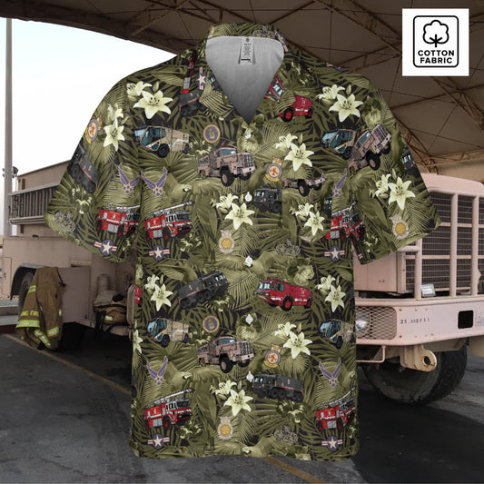 Hawaiian Shirt - "The Goodfellow Era ARFF Trucks" - Olive in Cotton