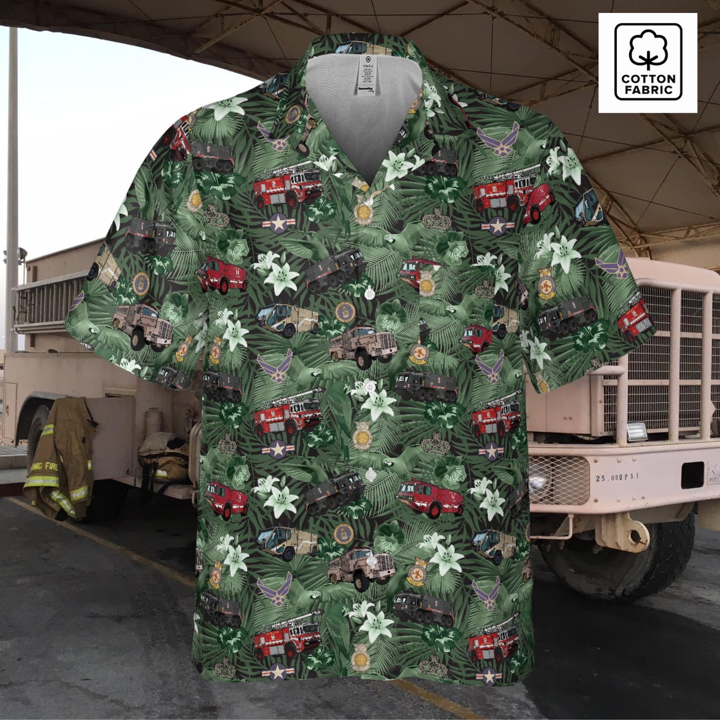 Hawaiian Shirt - "The Goodfellow Era ARFF Trucks" - Green in Cotton