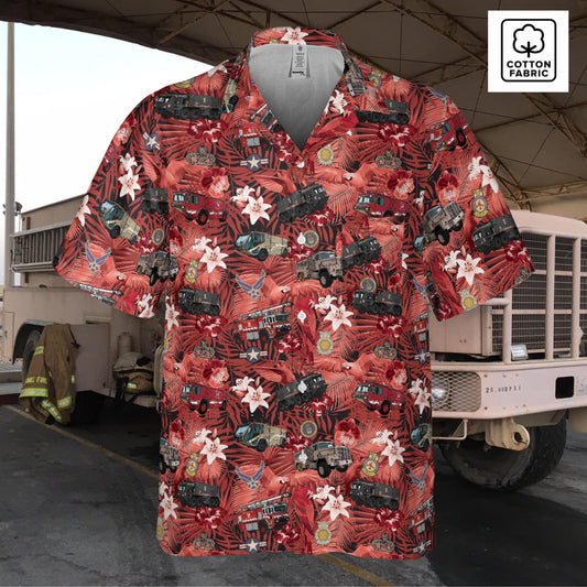 Hawaiian Shirt - "The Goodfellow Era ARFF Trucks" - Red in Cotton