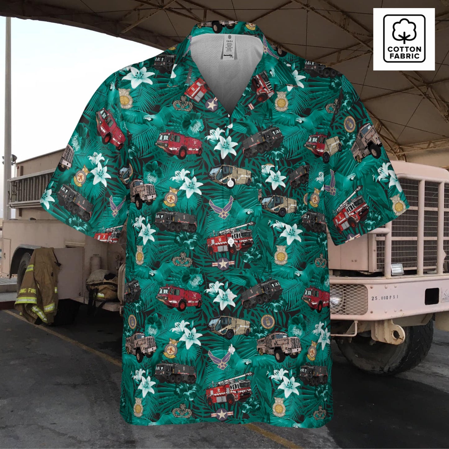 Hawaiian Shirt - "The Goodfellow Era ARFF Trucks" - Turquoise in Cotton