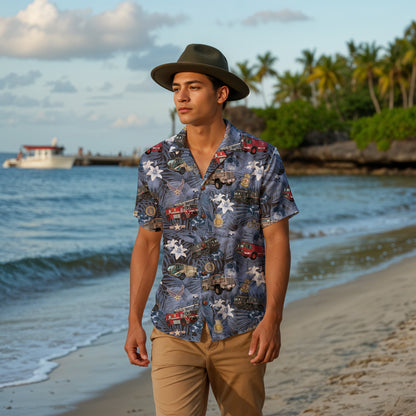 Hawaiian Shirt - "The Goodfellow Era ARFF Trucks" - Blue 100% Cotton