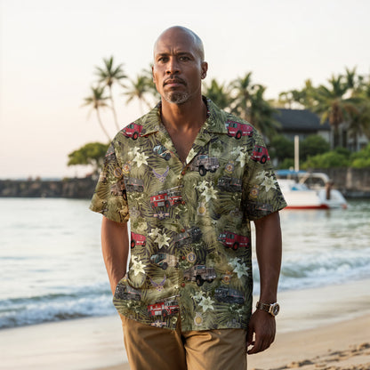 Hawaiian Shirt - "The Goodfellow Era ARFF Trucks" - Olive Green 100% Cotton