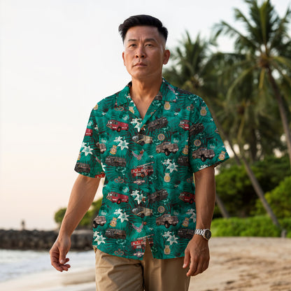 Hawaiian Shirt - "The Goodfellow Era ARFF Trucks" - Turquoise 100% Cotton