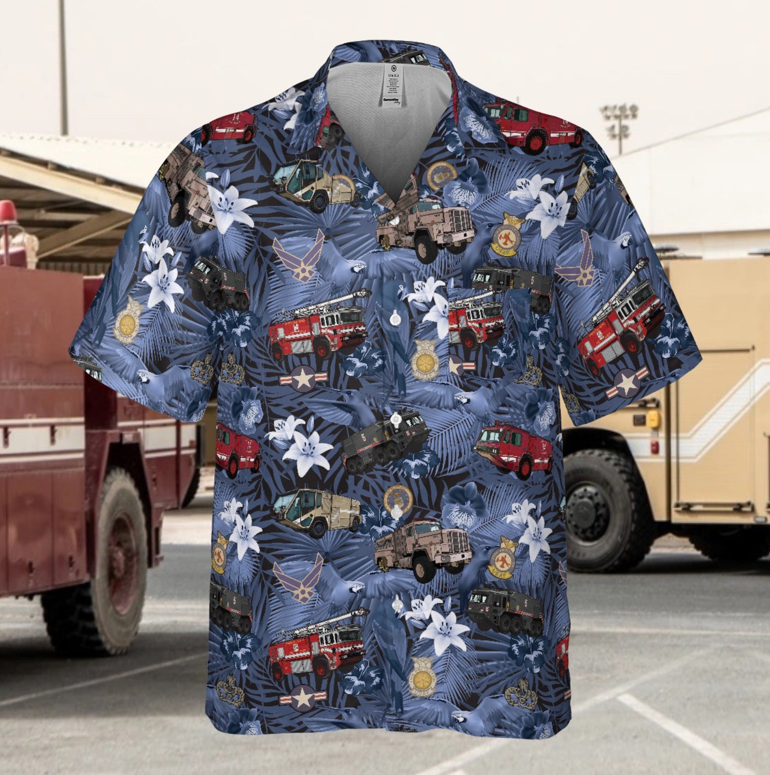 Hawaiian Shirt - "The Goodfellow Era ARFF Trucks" - Blue in Polyester - Island Vibes For Life