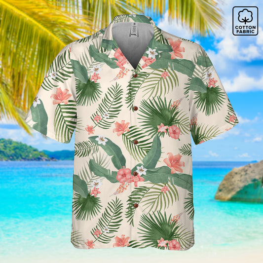 "Hibiscus Palm Oasis" Hawaiian Shirt - 100% Cotton