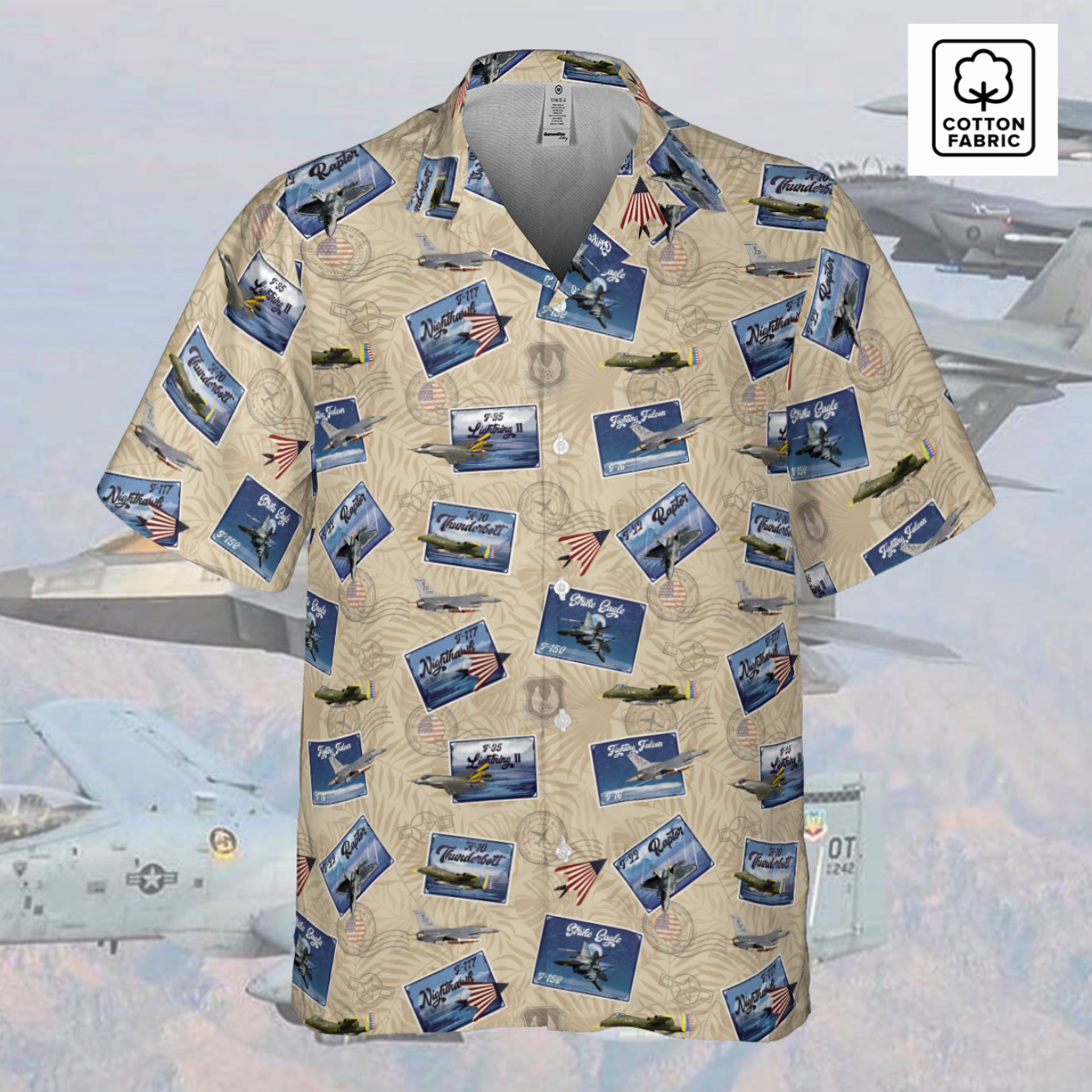 Hawaiian Shirt - Tribute to Current Fighter Jets of the US Air Force - Beige