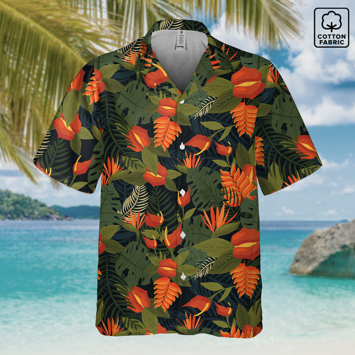 Jungle Fever Hawaiian Shirt – A vibrant tropical design featuring lush green foliage and exotic flowers, crafted from breathable cotton for ultimate comfort.