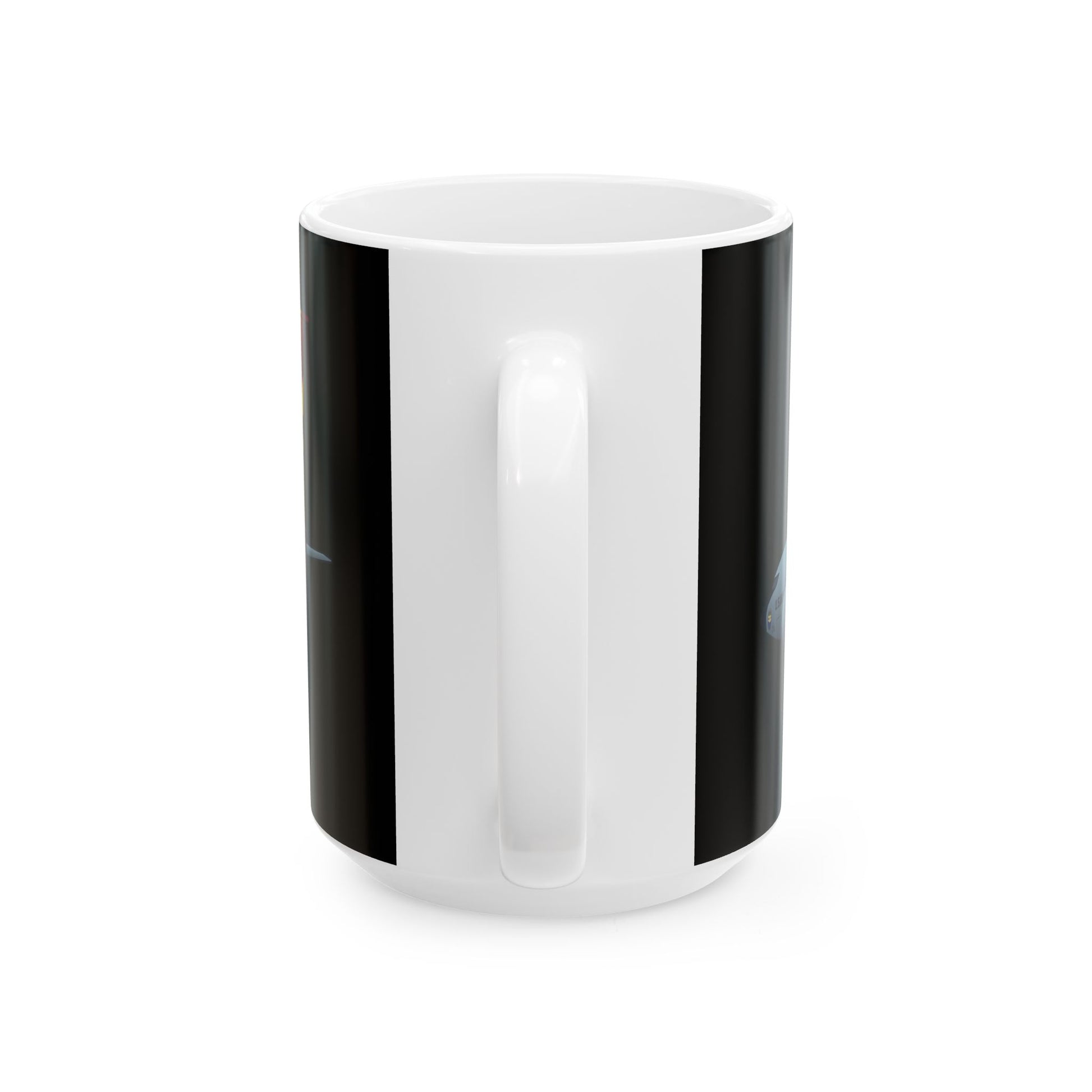 KC-135 Stratotanker black ceramic mug, available in 11oz and 15oz sizes, featuring a detailed military aircraft design, microwave and dishwasher safe.