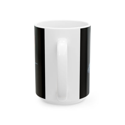 KC-135 Stratotanker black ceramic mug, available in 11oz and 15oz sizes, featuring a detailed military aircraft design, microwave and dishwasher safe.