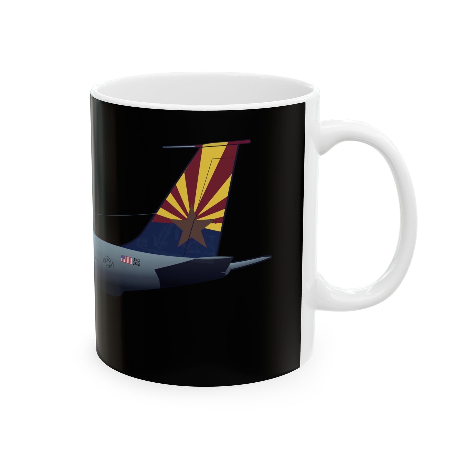 ​KC-135 Stratotanker black ceramic mug with a sleek design, available in 11oz and 15oz sizes, microwave and dishwasher safe.