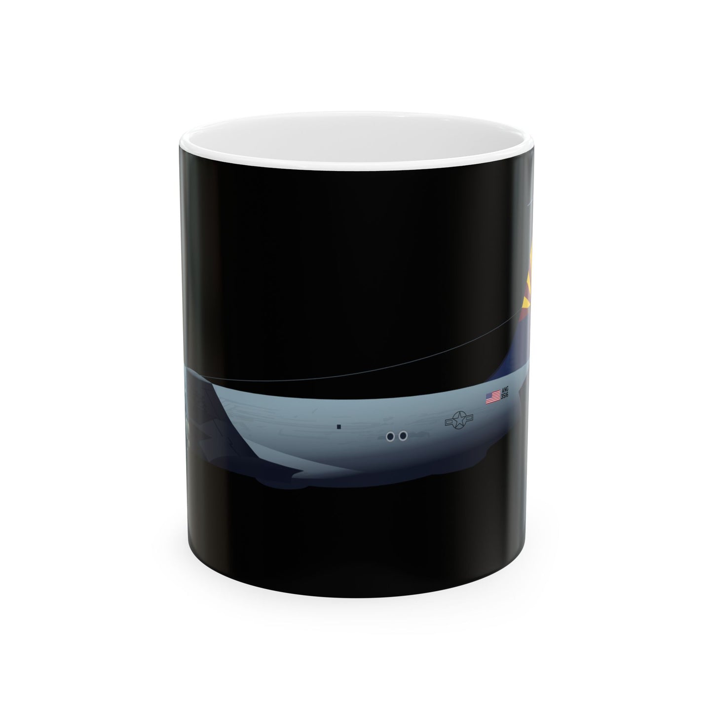 ​KC-135 Stratotanker black ceramic mug, available in 11oz and 15oz sizes, featuring a detailed aircraft graphic, microwave and dishwasher safe.