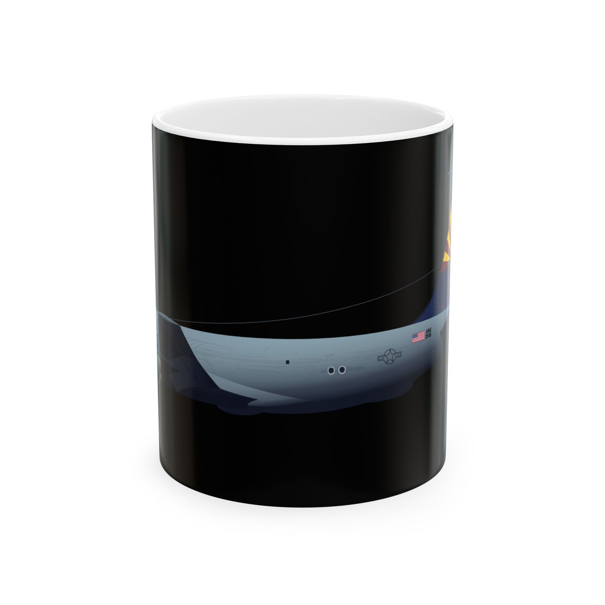 ​KC-135 Stratotanker black ceramic mug, available in 11oz and 15oz sizes, featuring a detailed aircraft graphic, microwave and dishwasher safe.