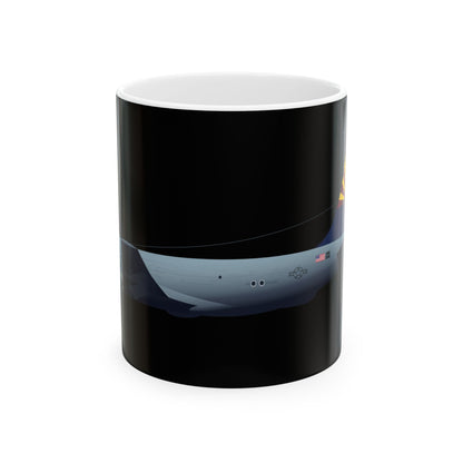 ​KC-135 Stratotanker black ceramic mug, available in 11oz and 15oz sizes, featuring a detailed aircraft graphic, microwave and dishwasher safe.