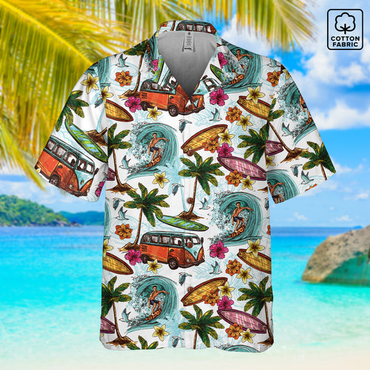 "Microbus and Surfboards" Hawaiian Shirt - 100% Cotton