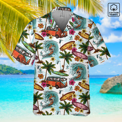 "Microbus and Surfboards" Hawaiian Shirt - Cotton