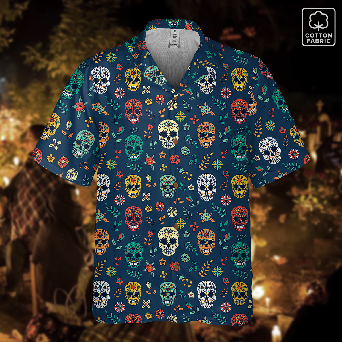 "Midnight Sugar Skulls" Cotton Button-Up Shirt