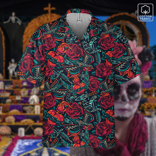 "Tattoos 'N Hearts" Cotton Button-Up Shirt