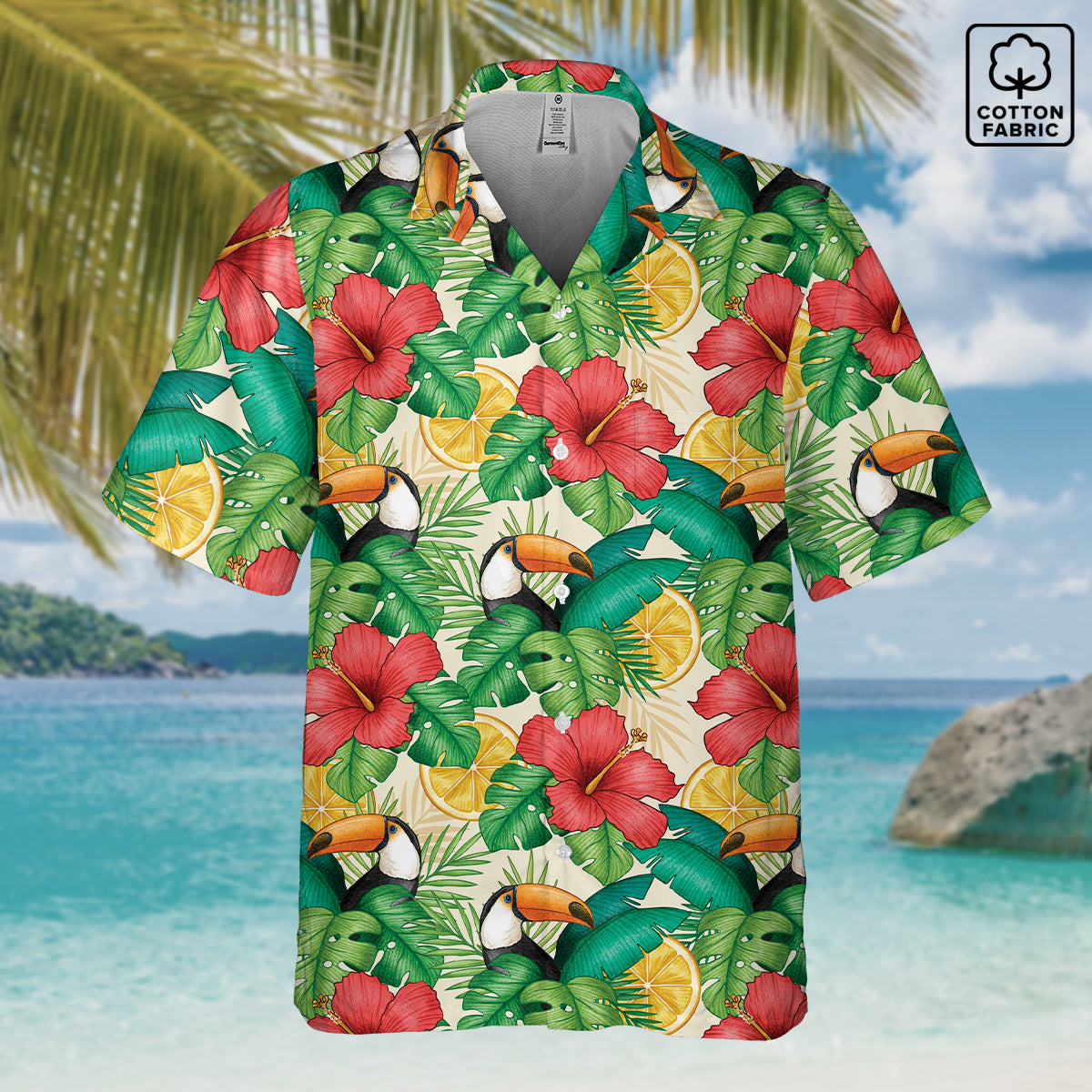 "Toucans Hiding in Hibiscus" Hawaiian Shirt - Cotton