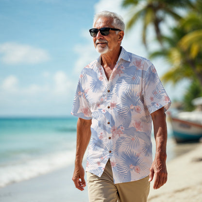 "Tropical Bliss, Coral Hibiscus" Hawaiian Shirt - 100%  Cotton