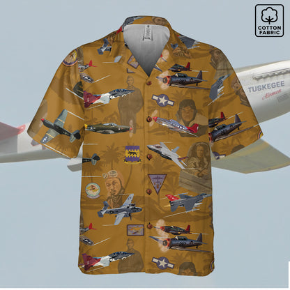 "Tuskegee Airmen" Hawaiian Tribute Shirt Gold 100%  Cotton