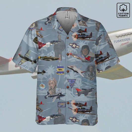 "Tuskegee Airmen" Hawaiian Tribute Shirt Blue 100%  Cotton