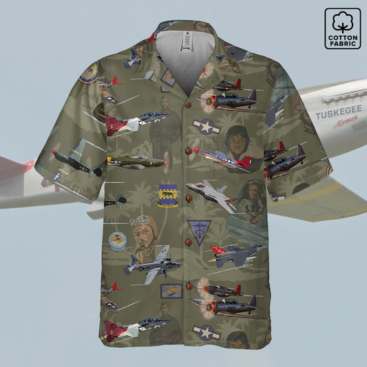 "Tuskegee Airmen" Hawaiian Tribute Shirt Green 100%  Cotton