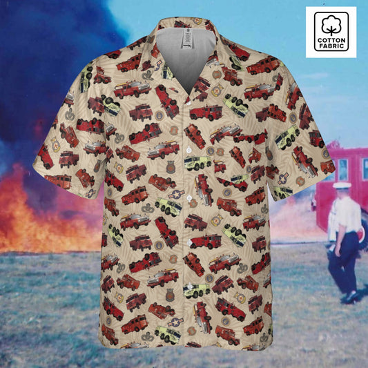 Hawaiian Shirt - "Vietnam Era Crash Trucks" - Cream in Cotton