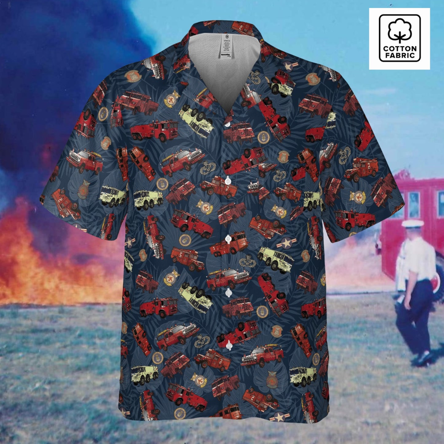 Hawaiian Shirt - "Vietnam Era Crash Trucks" - Dark Blue in Cotton