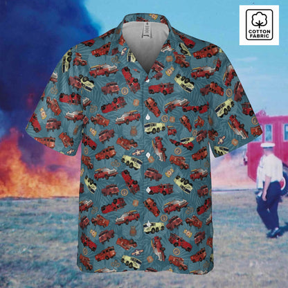 Hawaiian Shirt - "Vietnam Era Crash Trucks" - Light Blue in Cotton