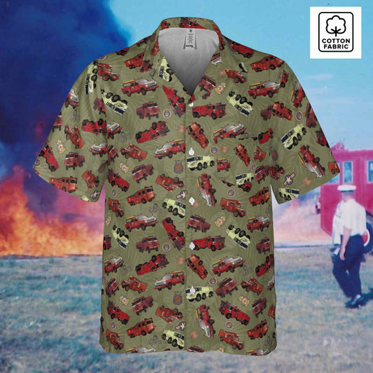 Hawaiian Shirt - "Vietnam Era Crash Trucks" - Olive Green in Cotton