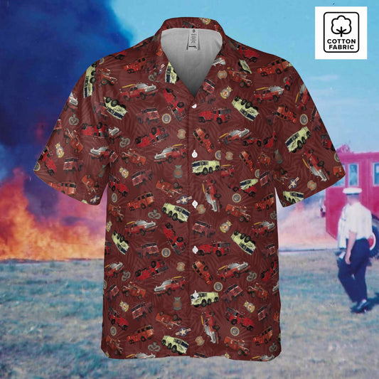 Hawaiian Shirt - "Vietnam Era Crash Trucks" - Red in Cotton