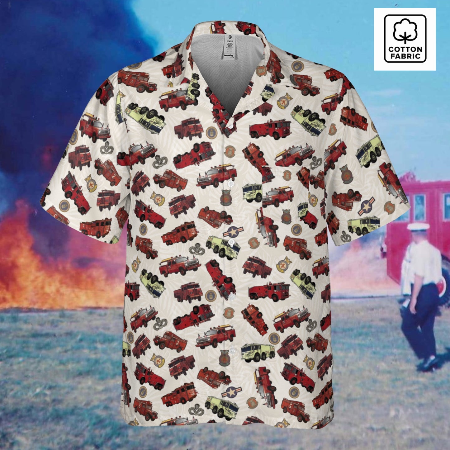 Hawaiian Shirt - "Vietnam Era Crash Trucks" - White in Cotton