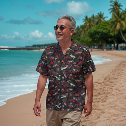Hawaiian Shirt - "Vietnam Era Crash Trucks" - Black 100% Cotton