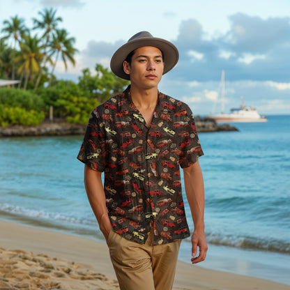 Hawaiian Shirt - "Vietnam Era Crash Trucks" - Black 100% Cotton