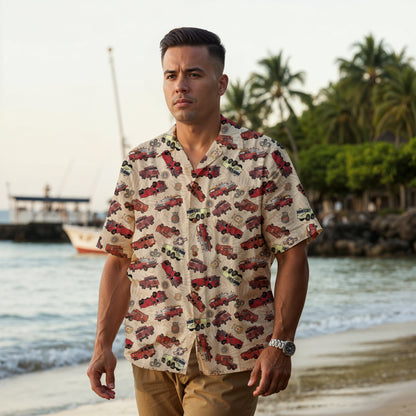 Hawaiian Shirt - "Vietnam Era Crash Trucks" - Beige 100% Cotton