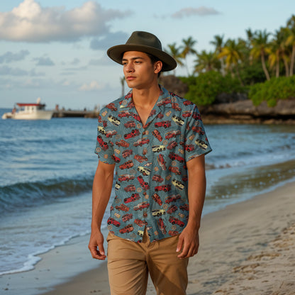 Hawaiian Shirt - "Vietnam Era Crash Trucks" - Light Blue 100% Cotton