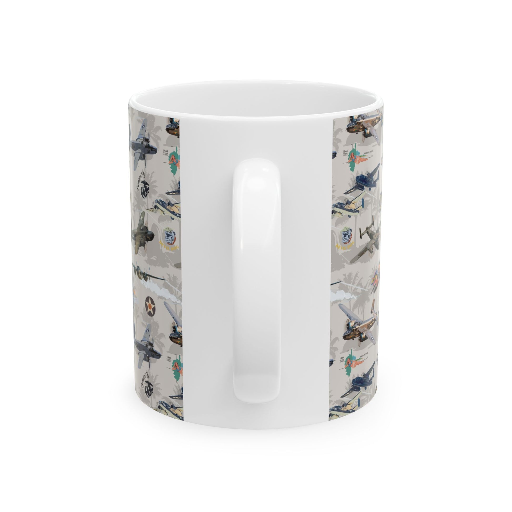 ​B-25 bomber illustration on a white ceramic mug, ideal for collectors, available in 11oz and 15oz sizes, microwave and dishwasher safe.