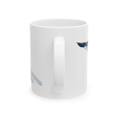 White ceramic mug with a design celebrating the legacy of the B-52 Stratofortress, ideal for collectors, available in 11oz and 15oz sizes.