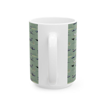 Green ceramic airplane mug, available in 11oz and 15oz sizes, a great addition to any aviation memorabilia collection.