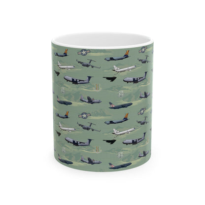 Green ceramic airplane mug, available in 11oz and 15oz sizes, perfect for aviation enthusiasts.